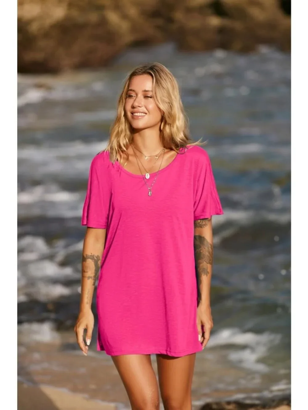 Women's Hot Pink Stylish Short Sleeve Cover Ups for Beach Bathing Suit Swimwear
